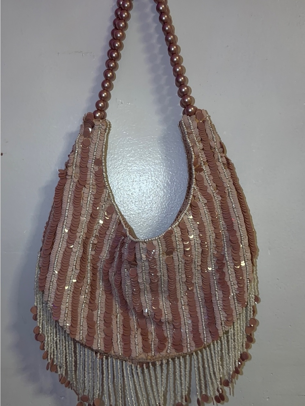 Beaded Fringe Women’s Shoulder Bag in Dusty Rose